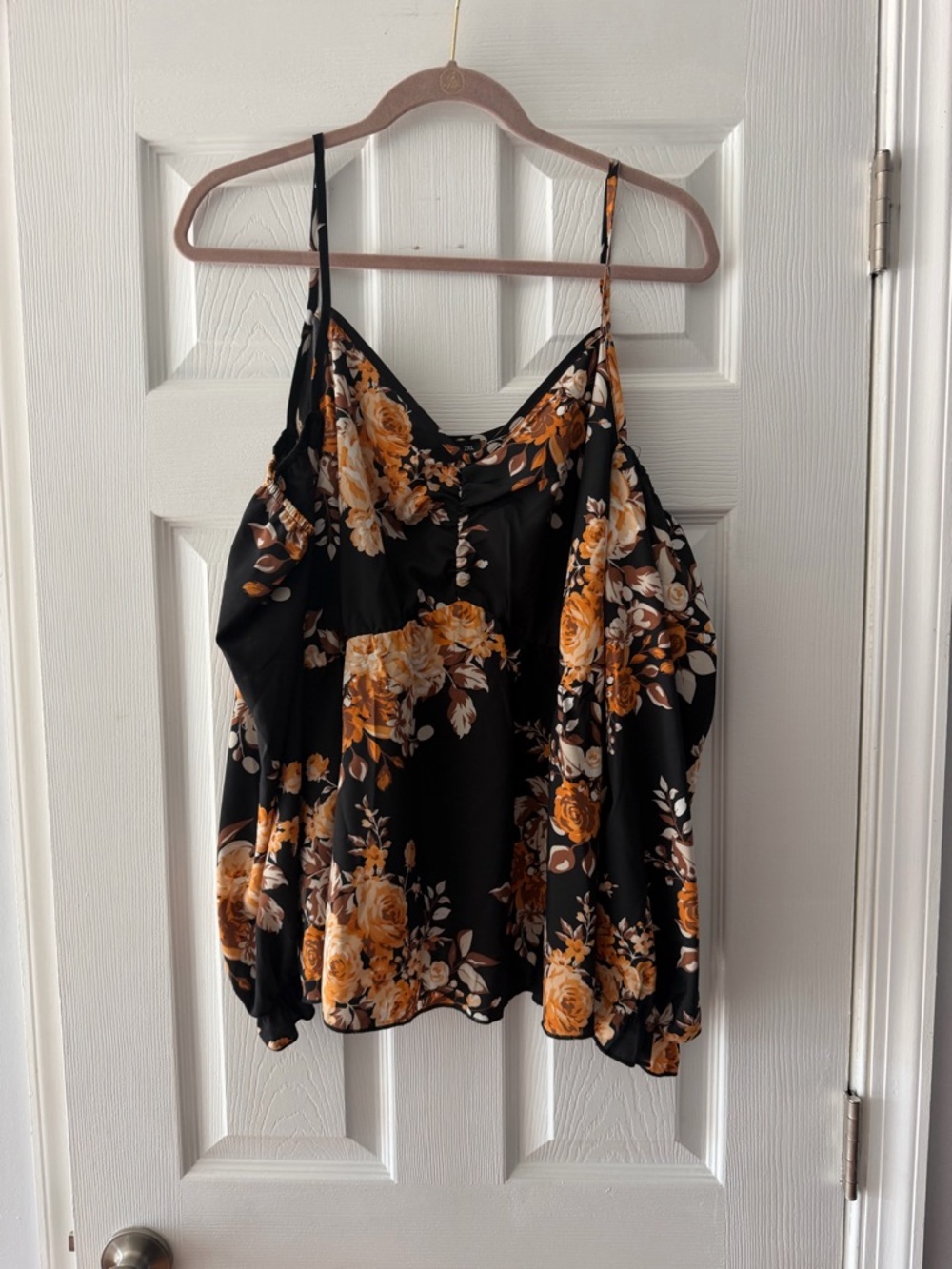 Women’s Floral Black Long Sleeve Spaghetti Strap Top - Mustard Rose Print
